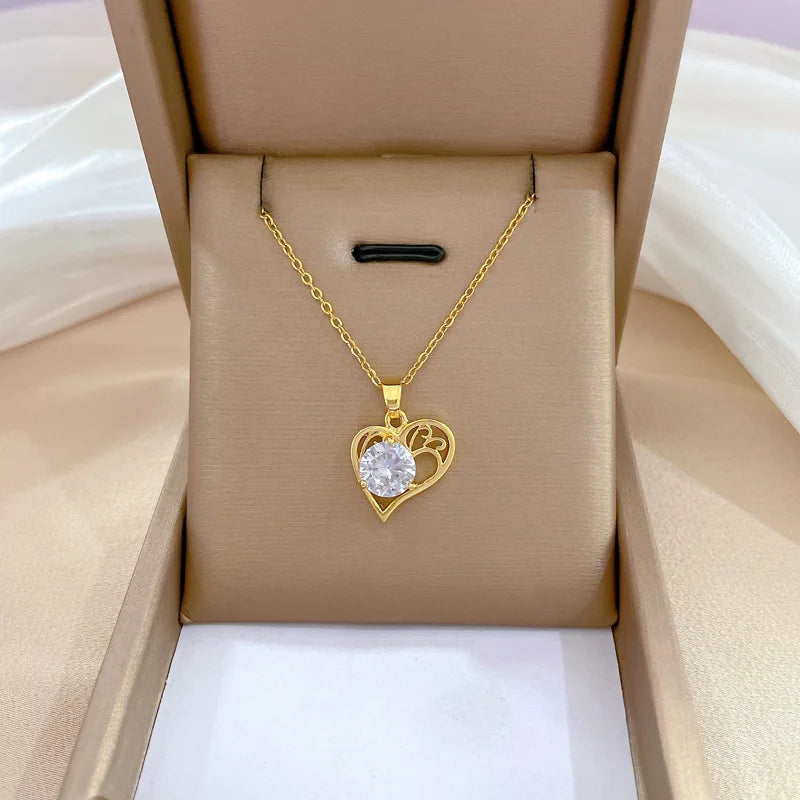 Luxury Full Zicron Shiny Heart Necklace for Women Titanium Steel Gold Color Anti-Tarnish Romantic Pendant Necklace