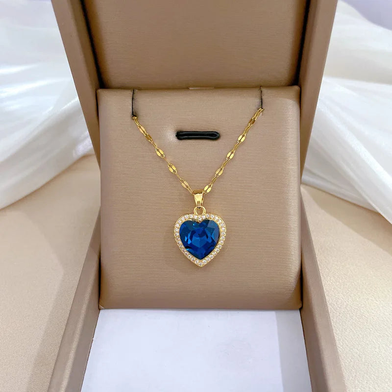 Luxury Full Zicron Shiny Heart Necklace for Women Titanium Steel Gold Color Anti-Tarnish Romantic Pendant Necklace