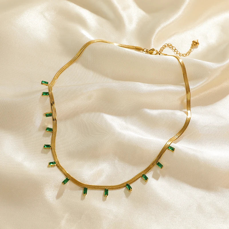 EILIECK 316L Stainless Steel Green Zirconia Crystal Necklace For Women Fashion Luxury Chain Choker Jewelry Party Wedding Gifts