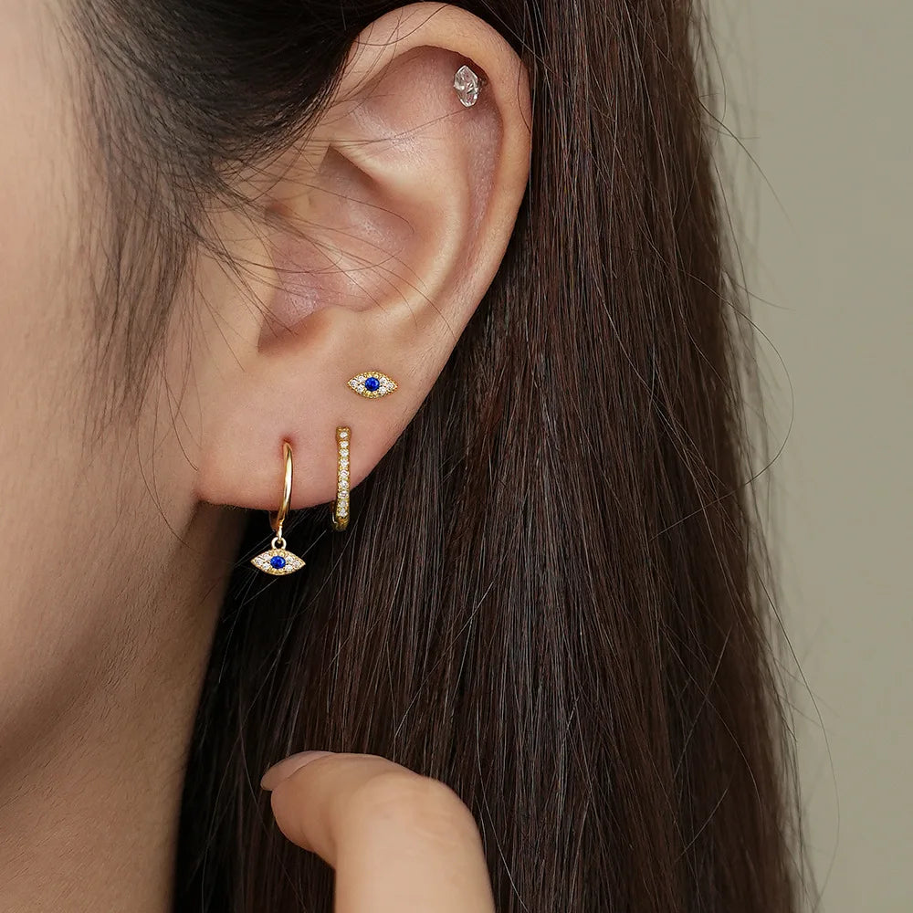925 Sterling Silver Blue Zircon Evil Eye Stud Earrings for Women Hamsa Fatima's Hand Turkish Eye Earrings Piercing Jewelry
