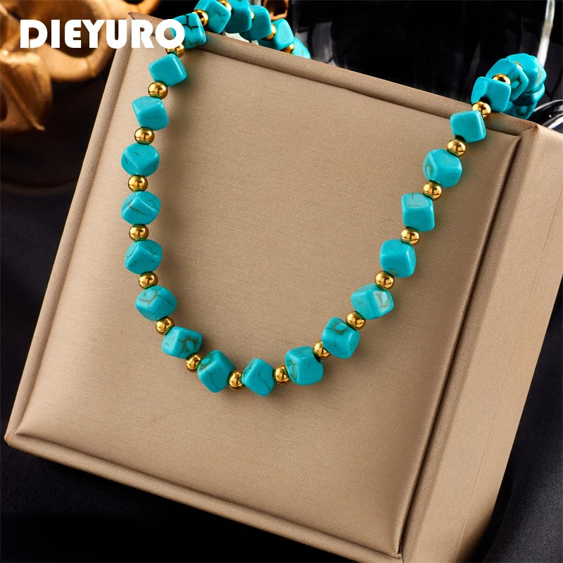 DIEYURO 316L Stainless Steel Green Stone Choker Necklace For Women New Trend Short Chain Girls Torques Jewelry Party Gift Bijoux
