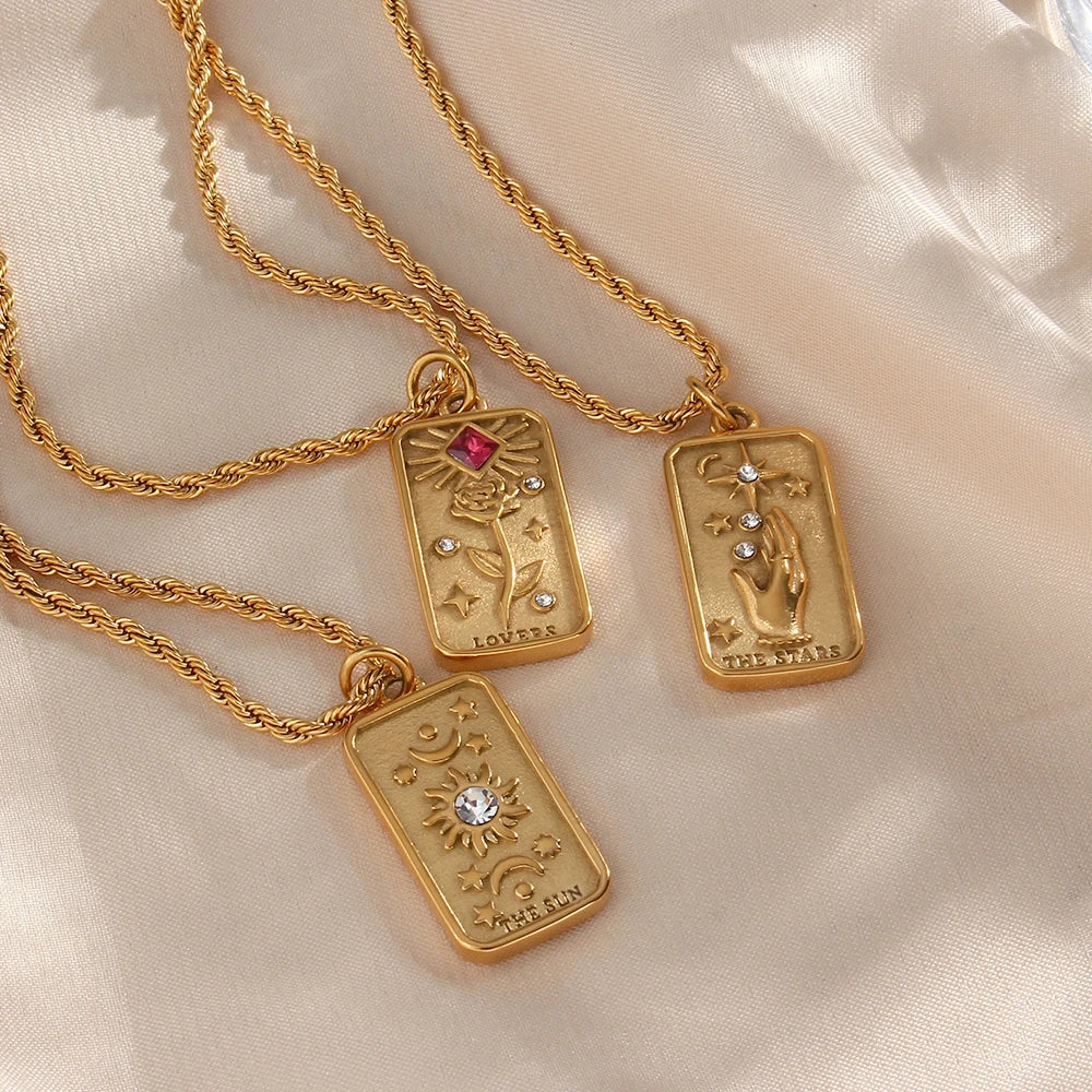 E.B.belle Stainless Steel Tarnish Free Jewelry Tarot Necklace Star Moon Rose Sun Design Pendant Waterproof Necklaces For Women
