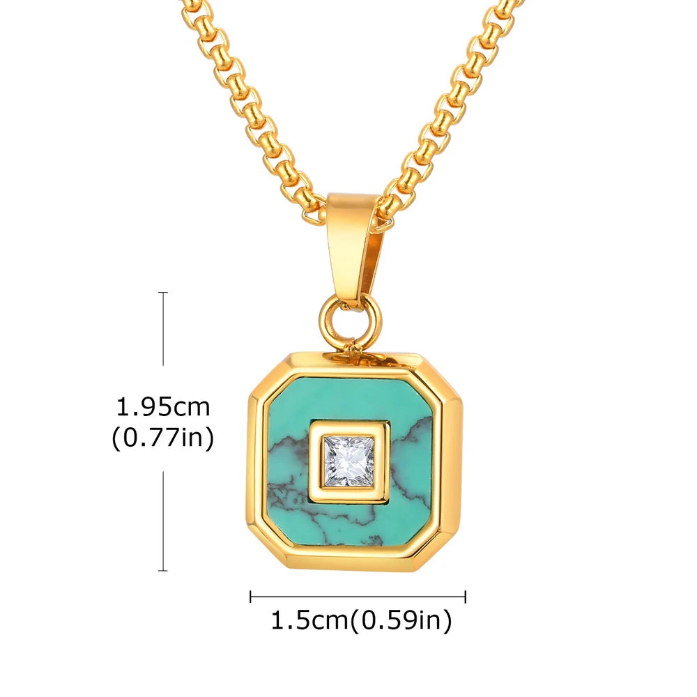 Vnox Turquoise Pendant Necklace for Men, Stainless Steel Box Chain Geometric Square Compass Natural Stone Vintage Jewelry Gift