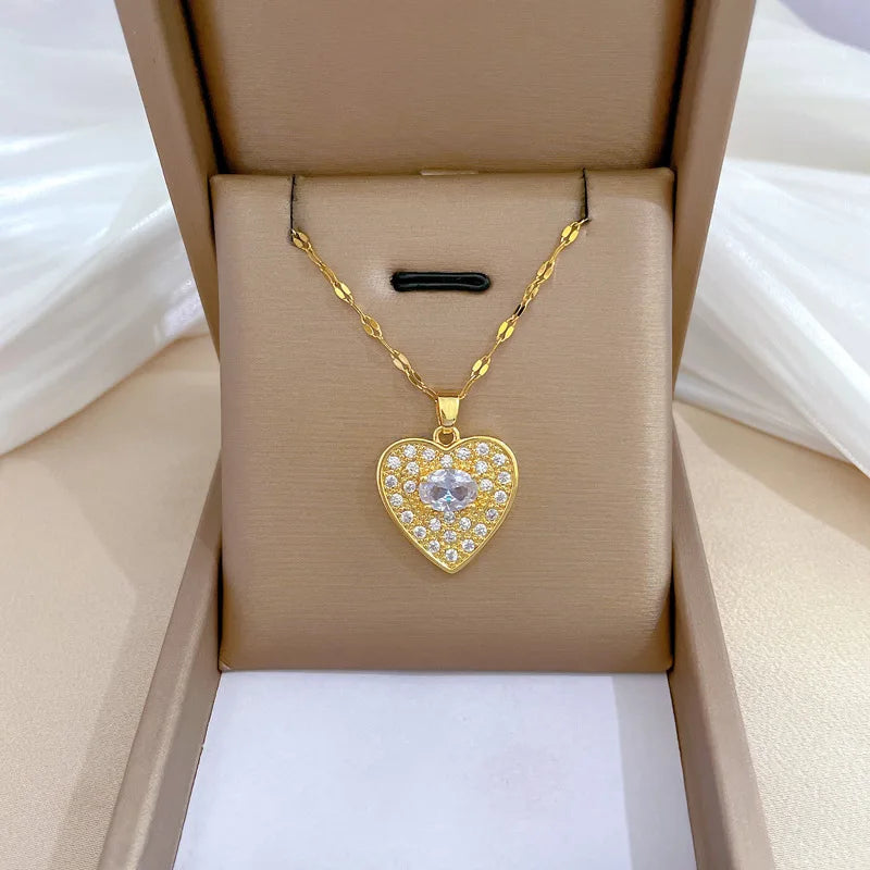 Luxury Full Zicron Shiny Heart Necklace for Women Titanium Steel Gold Color Anti-Tarnish Romantic Pendant Necklace