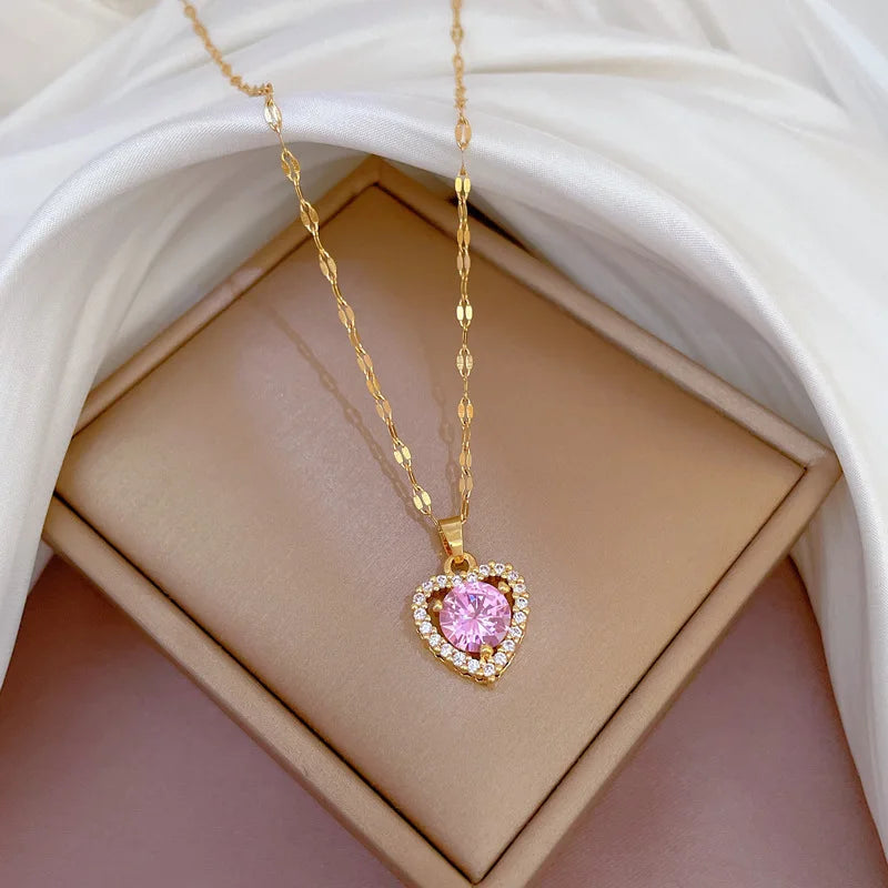 Luxury Full Zicron Shiny Heart Necklace for Women Titanium Steel Gold Color Anti-Tarnish Romantic Pendant Necklace