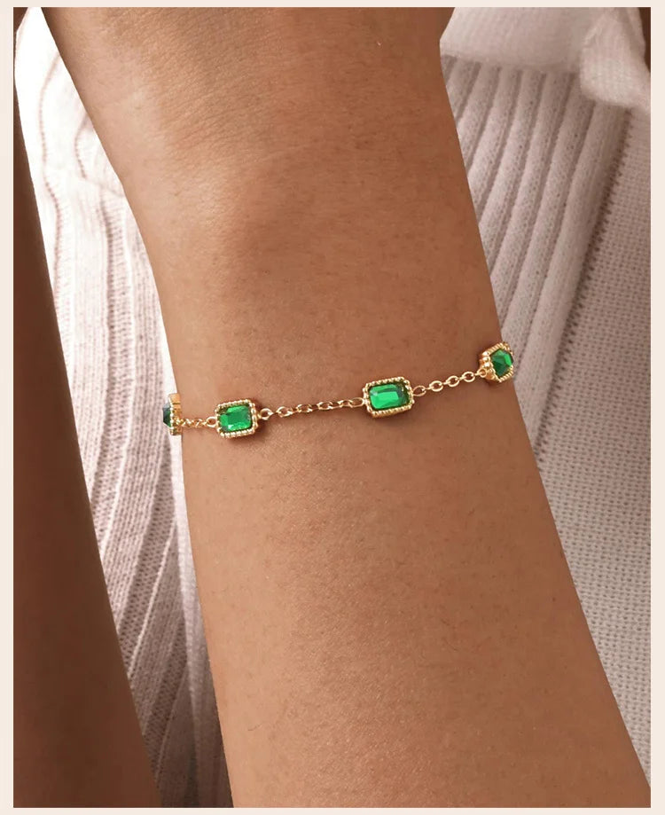 Retro Green Zircon Pendant Necklace For Women, Crystal Stone Chain Stainless Steel Gold Plated Luxury Birthday Gifts
