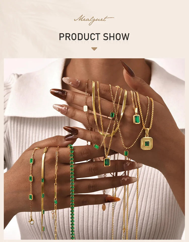 Retro Green Zircon Pendant Necklace For Women, Crystal Stone Chain Stainless Steel Gold Plated Luxury Birthday Gifts