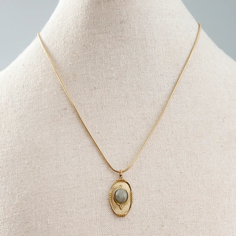 Stainless Steel Snake Chain Round Oval Evil Eye Charms Pendant Neckalce For Women Inlaid Natural Stone Clavicle Necklace Jewelry