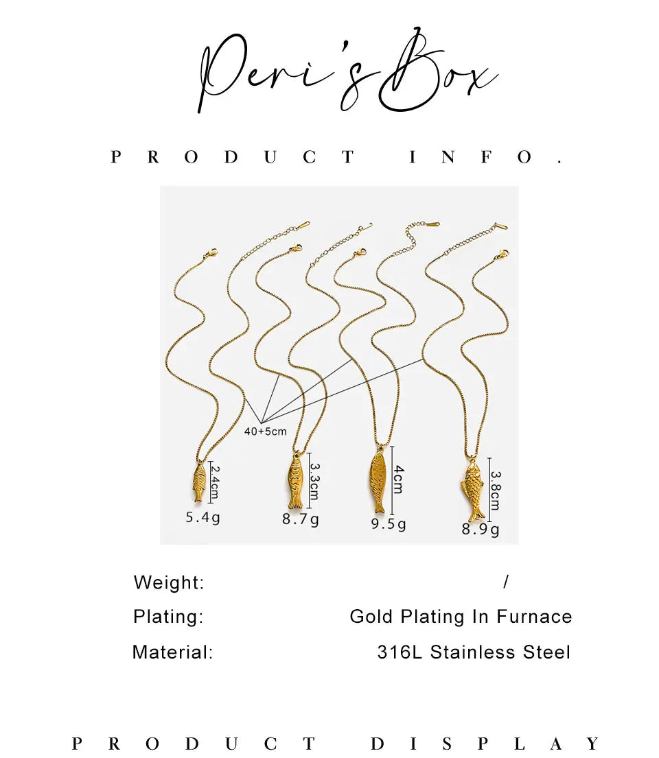 Peri'sbox Trendy 4 Designs Stainless Steel 18K Gold Plated Fish Pendant Necklace for Women Waterproof Beach Party Jewelry Summer