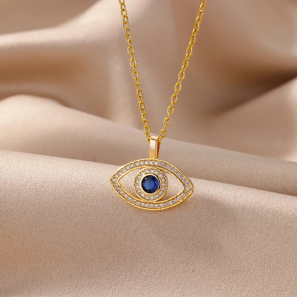 Zircon Blue Evil Eye Necklace for Women Gold Color Stainless Steel Turkish Eye Pendant Necklaces Lucky Jewelry Gift collier femm
