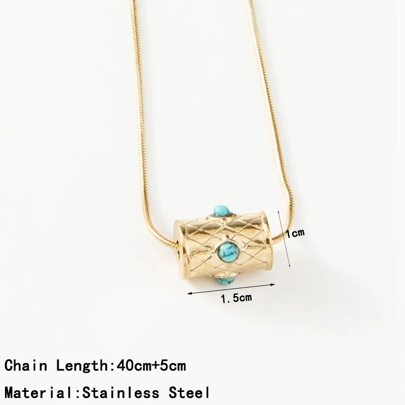 Stainless Steel Snake Chain Round Oval Evil Eye Charms Pendant Neckalce For Women Inlaid Natural Stone Clavicle Necklace Jewelry