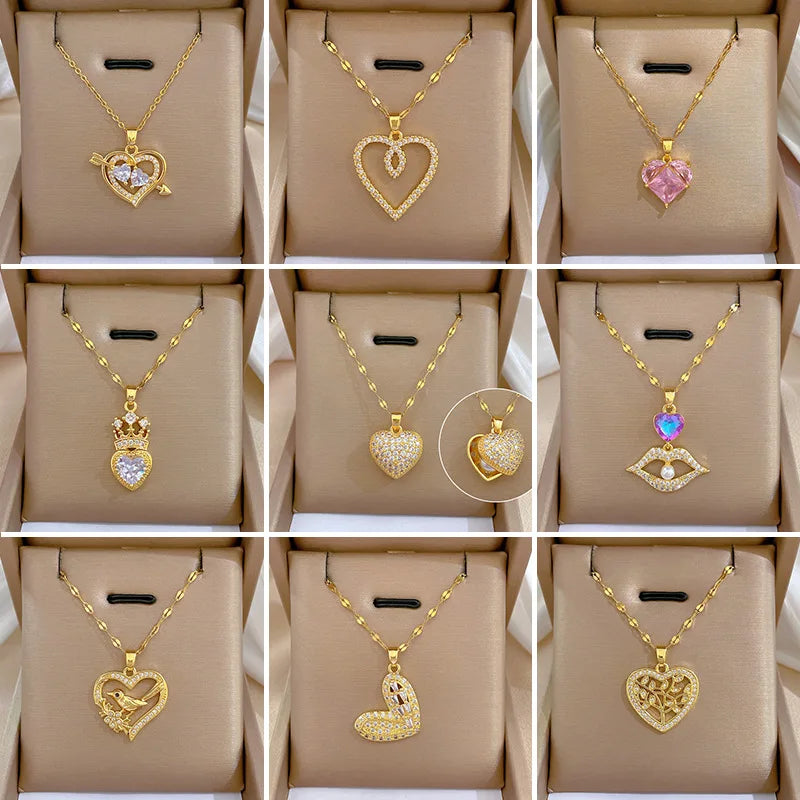 Luxury Full Zicron Shiny Heart Necklace for Women Titanium Steel Gold Color Anti-Tarnish Romantic Pendant Necklace