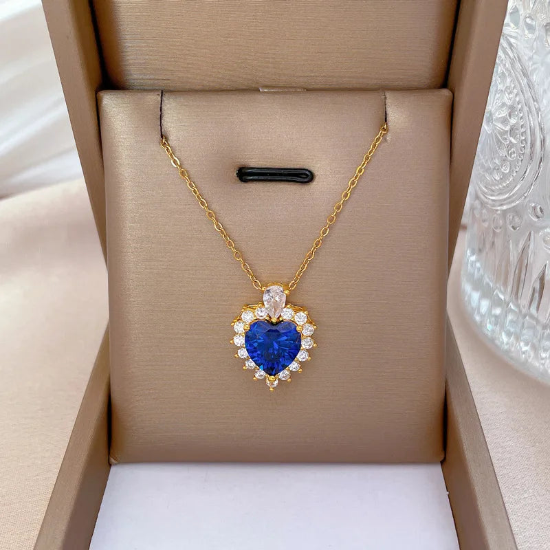 Luxury Full Zicron Shiny Heart Necklace for Women Titanium Steel Gold Color Anti-Tarnish Romantic Pendant Necklace
