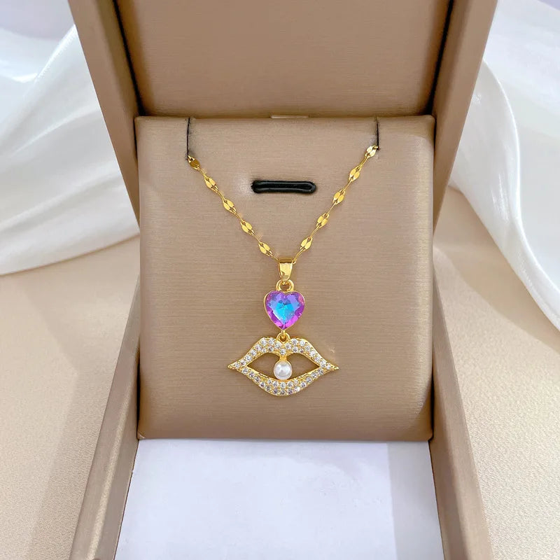 Luxury Full Zicron Shiny Heart Necklace for Women Titanium Steel Gold Color Anti-Tarnish Romantic Pendant Necklace