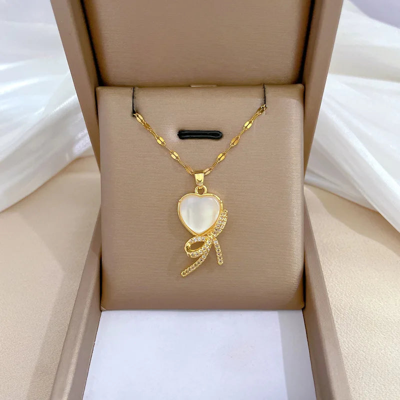 Luxury Full Zicron Shiny Heart Necklace for Women Titanium Steel Gold Color Anti-Tarnish Romantic Pendant Necklace