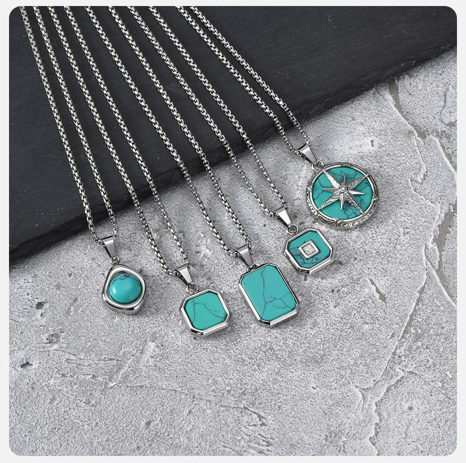 Vnox Turquoise Pendant Necklace for Men, Stainless Steel Box Chain Geometric Square Compass Natural Stone Vintage Jewelry Gift