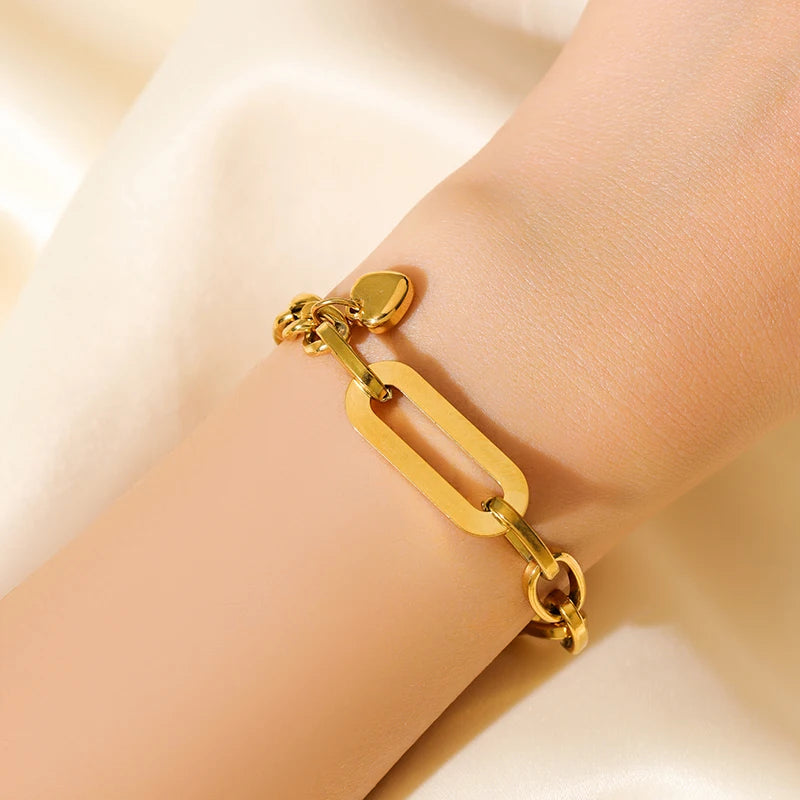 EILIECK 316L Stainless Steel Gold Color Bracelet Bangle Jewelry Charm Metal Texture 18 K Plated Heart Wrist Chain for Women