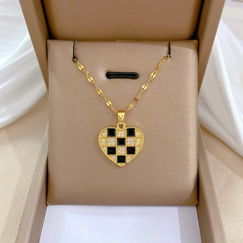 Luxury Full Zicron Shiny Heart Necklace for Women Titanium Steel Gold Color Anti-Tarnish Romantic Pendant Necklace