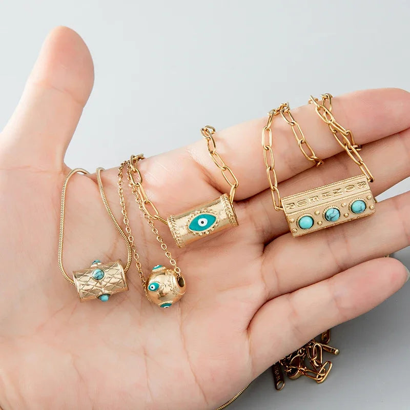 Stainless Steel Snake Chain Round Oval Evil Eye Charms Pendant Neckalce For Women Inlaid Natural Stone Clavicle Necklace Jewelry