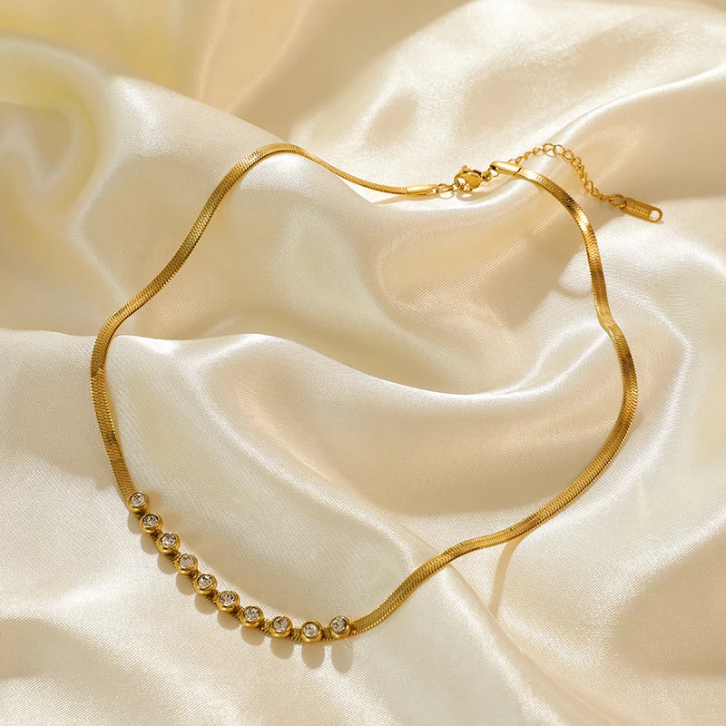 EILIECK 316L Stainless Steel Gold Color Zircon Necklace For Women Simple Style Chain Choker Fashion Wedding Necklaces Jewelry