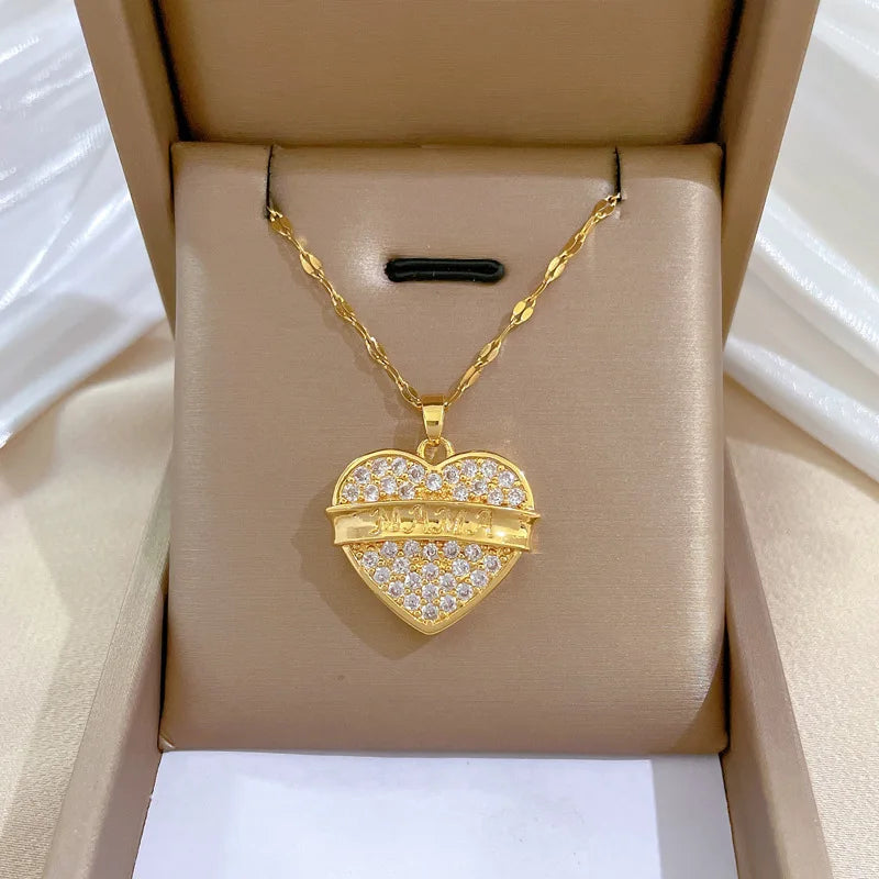 Luxury Full Zicron Shiny Heart Necklace for Women Titanium Steel Gold Color Anti-Tarnish Romantic Pendant Necklace