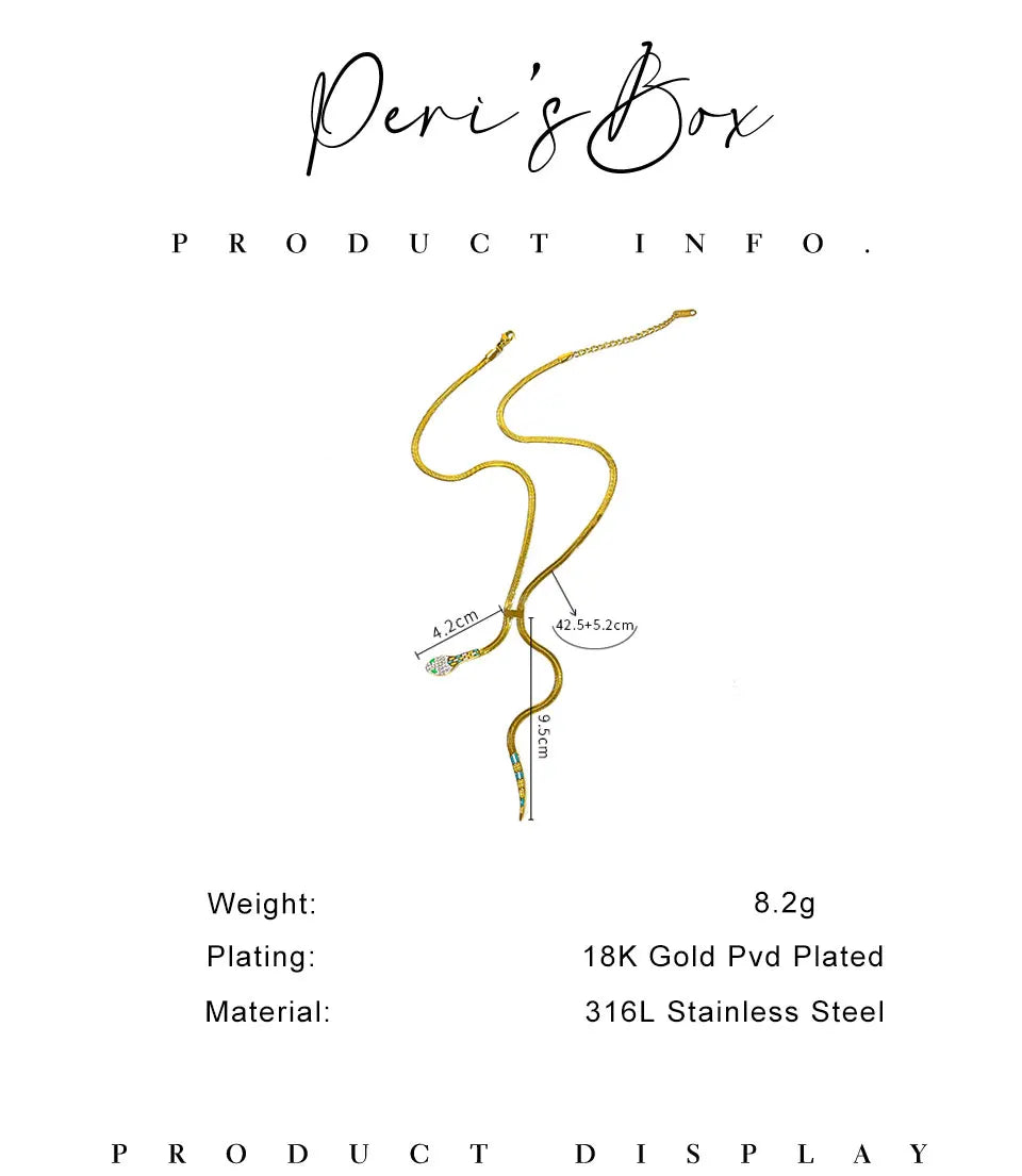 Peri'sbox Dainty Clear Rhinestone Solid Gold Plated Flat Snake Chain Tassel Necklace Stainless Steel Waterproof Women's Jewelry