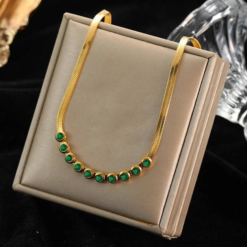 EILIECK 316L Stainless Steel Green Zirconia Crystal Necklace For Women Fashion Luxury Chain Choker Jewelry Party Wedding Gifts