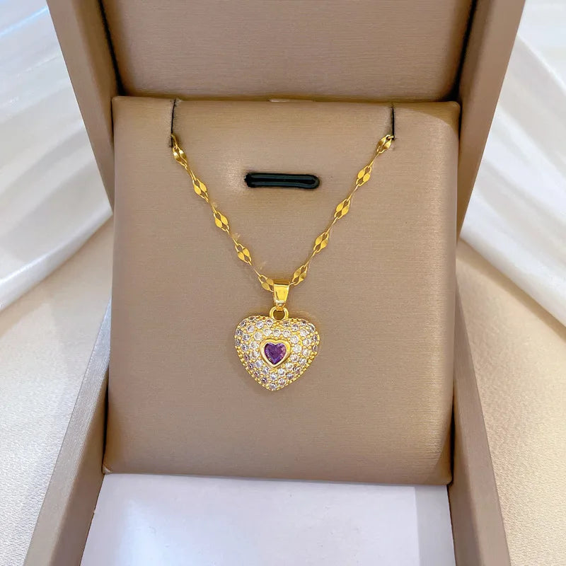 Luxury Full Zicron Shiny Heart Necklace for Women Titanium Steel Gold Color Anti-Tarnish Romantic Pendant Necklace