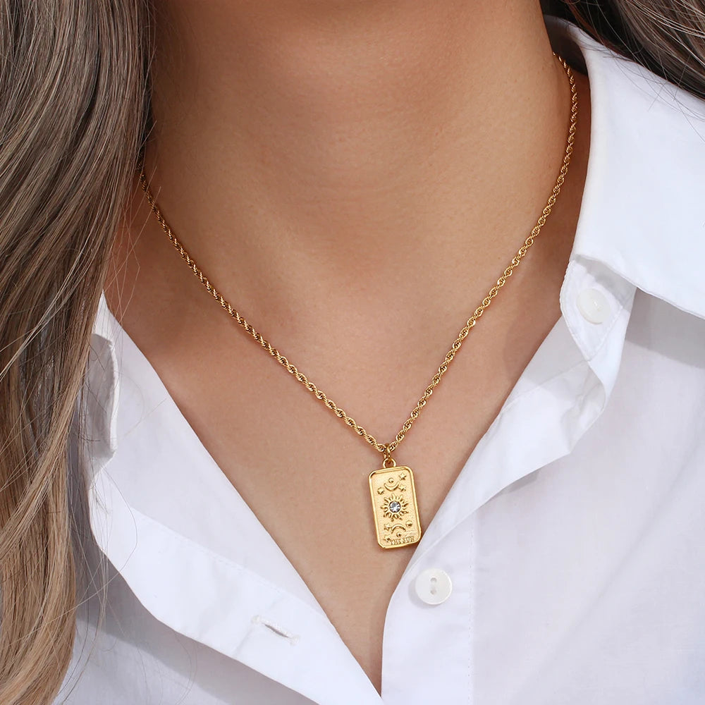 E.B.belle Stainless Steel Tarnish Free Jewelry Tarot Necklace Star Moon Rose Sun Design Pendant Waterproof Necklaces For Women