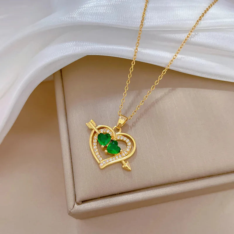 Luxury Full Zicron Shiny Heart Necklace for Women Titanium Steel Gold Color Anti-Tarnish Romantic Pendant Necklace