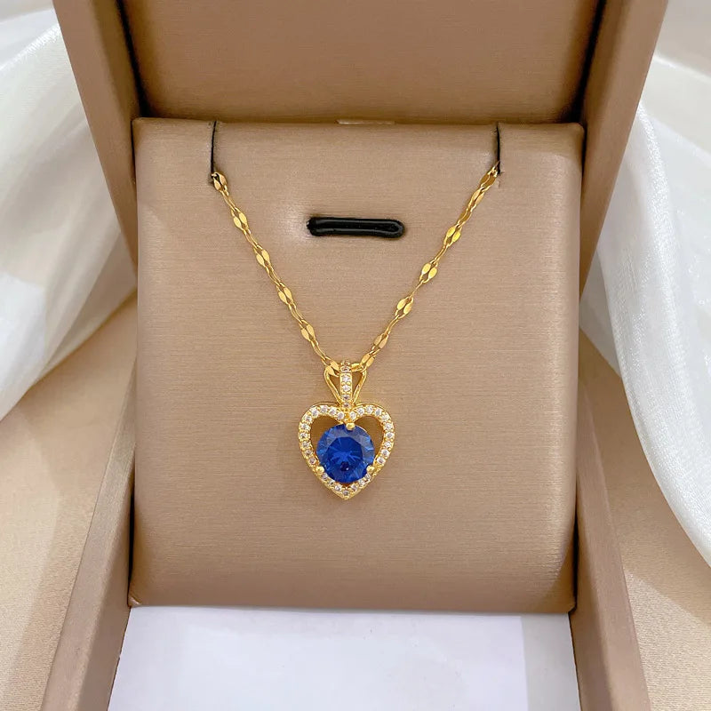 Luxury Full Zicron Shiny Heart Necklace for Women Titanium Steel Gold Color Anti-Tarnish Romantic Pendant Necklace
