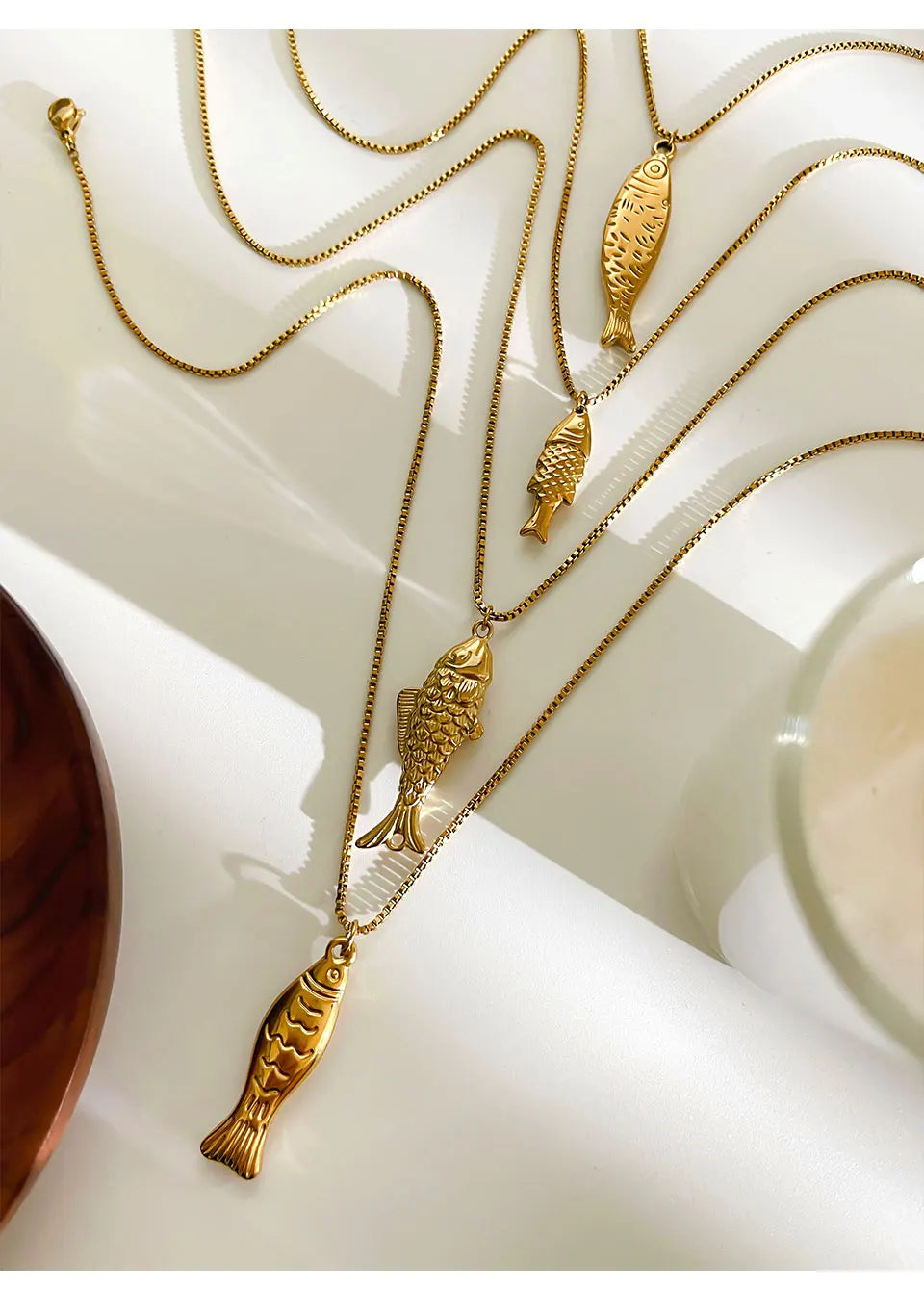 Peri'sbox Trendy 4 Designs Stainless Steel 18K Gold Plated Fish Pendant Necklace for Women Waterproof Beach Party Jewelry Summer