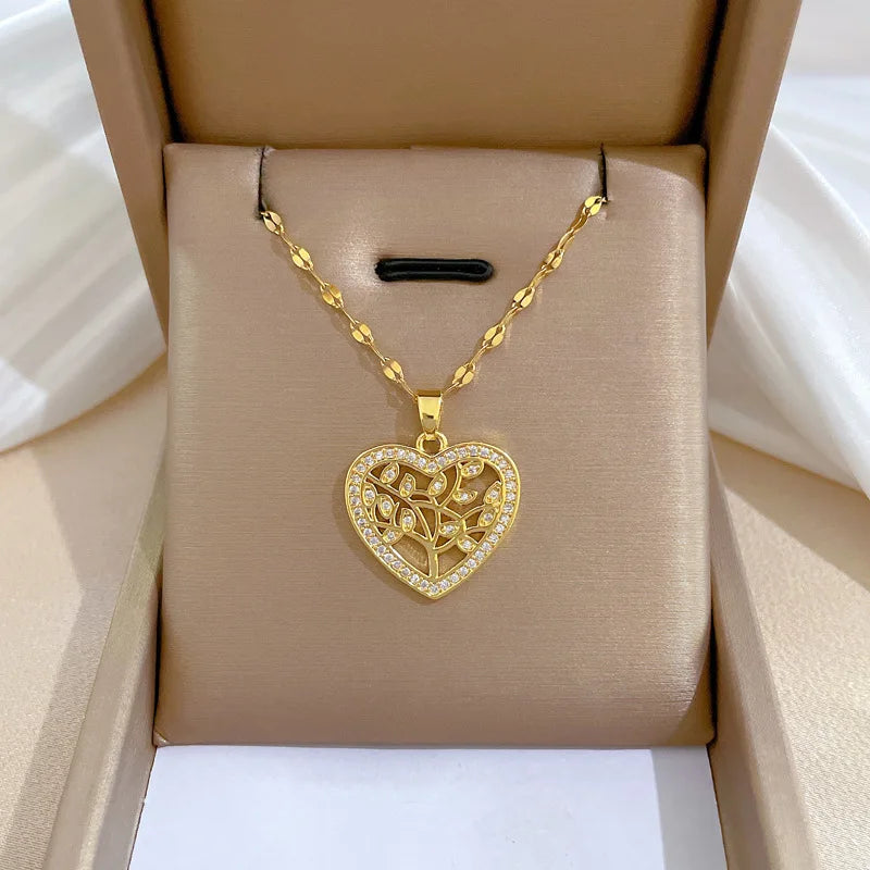 Luxury Full Zicron Shiny Heart Necklace for Women Titanium Steel Gold Color Anti-Tarnish Romantic Pendant Necklace