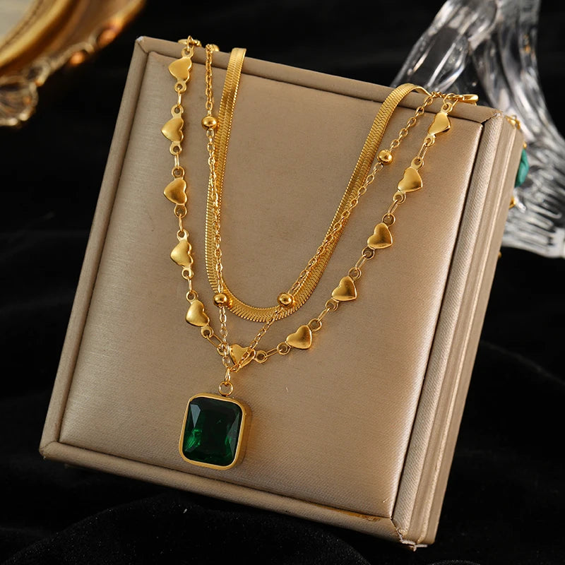 EILIECK 316L Stainless Steel Green Zirconia Crystal Necklace For Women Fashion Luxury Chain Choker Jewelry Party Wedding Gifts