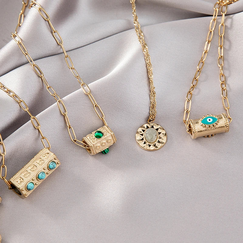 Stainless Steel Snake Chain Round Oval Evil Eye Charms Pendant Neckalce For Women Inlaid Natural Stone Clavicle Necklace Jewelry