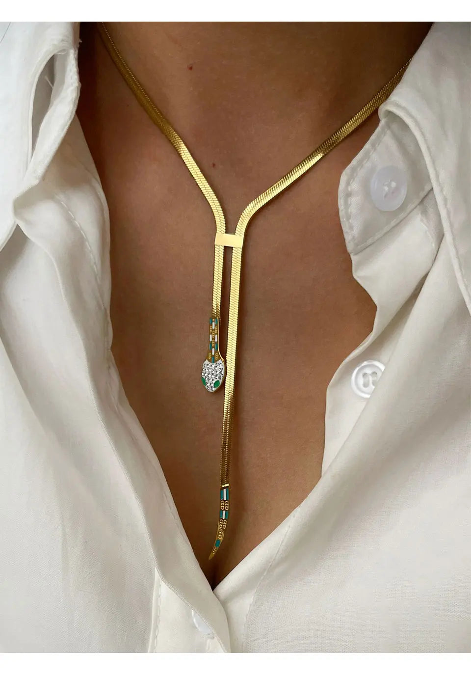 Peri'sbox Dainty Clear Rhinestone Solid Gold Plated Flat Snake Chain Tassel Necklace Stainless Steel Waterproof Women's Jewelry