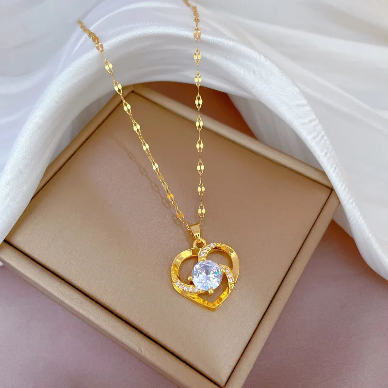 Luxury Full Zicron Shiny Heart Necklace for Women Titanium Steel Gold Color Anti-Tarnish Romantic Pendant Necklace