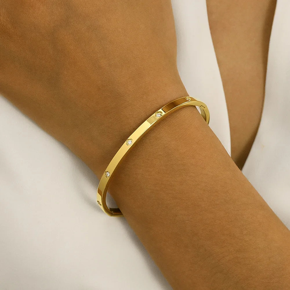 Stainless Steel 18K Gold Plated For Lucky Leaf CZ zircon Bangle Bracelet Set Stackable For Women Crystal clover Jewelry Gifts