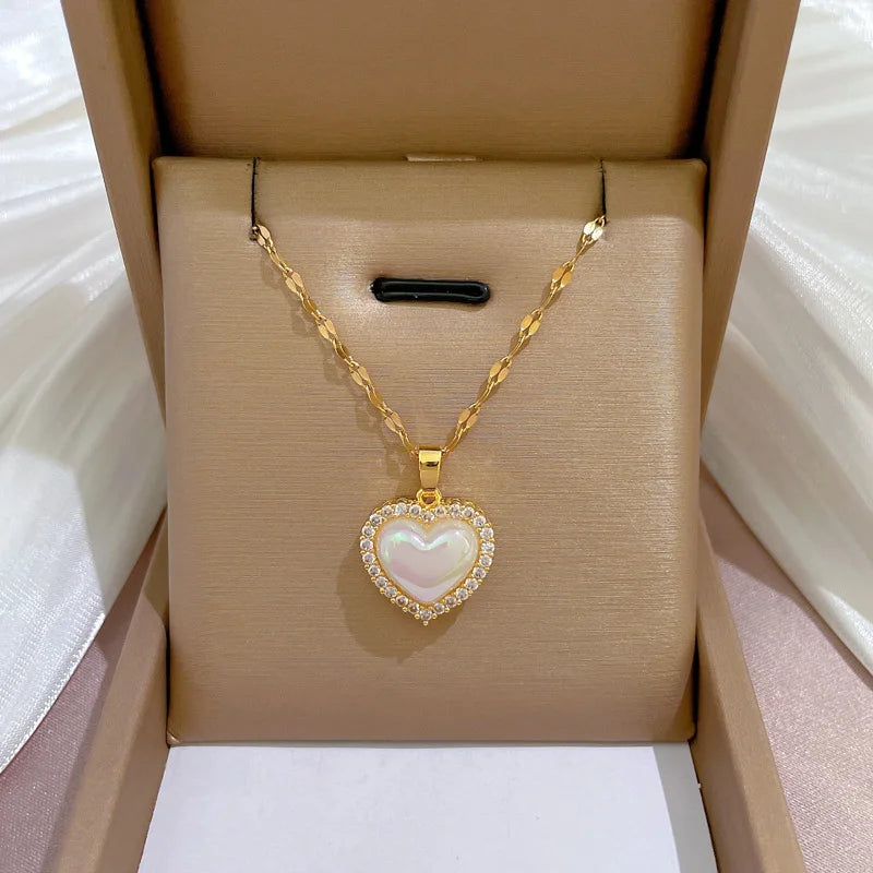 Luxury Full Zicron Shiny Heart Necklace for Women Titanium Steel Gold Color Anti-Tarnish Romantic Pendant Necklace
