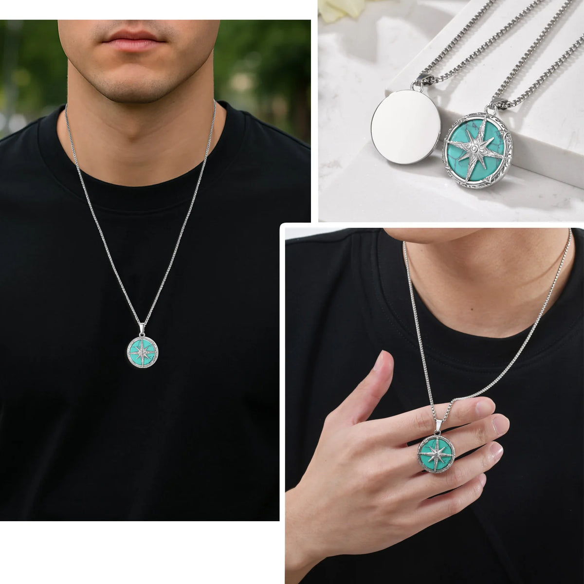 Vnox Turquoise Pendant Necklace for Men, Stainless Steel Box Chain Geometric Square Compass Natural Stone Vintage Jewelry Gift