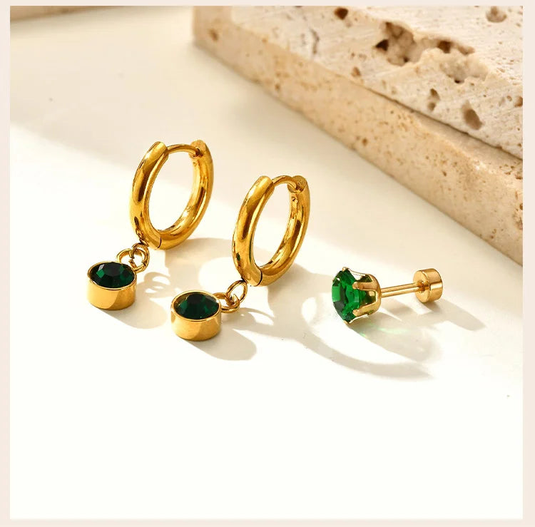Retro Green Zircon Pendant Necklace For Women, Crystal Stone Chain Stainless Steel Gold Plated Luxury Birthday Gifts