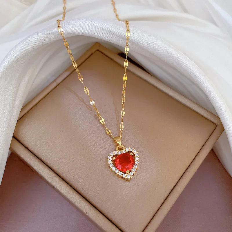 Luxury Full Zicron Shiny Heart Necklace for Women Titanium Steel Gold Color Anti-Tarnish Romantic Pendant Necklace