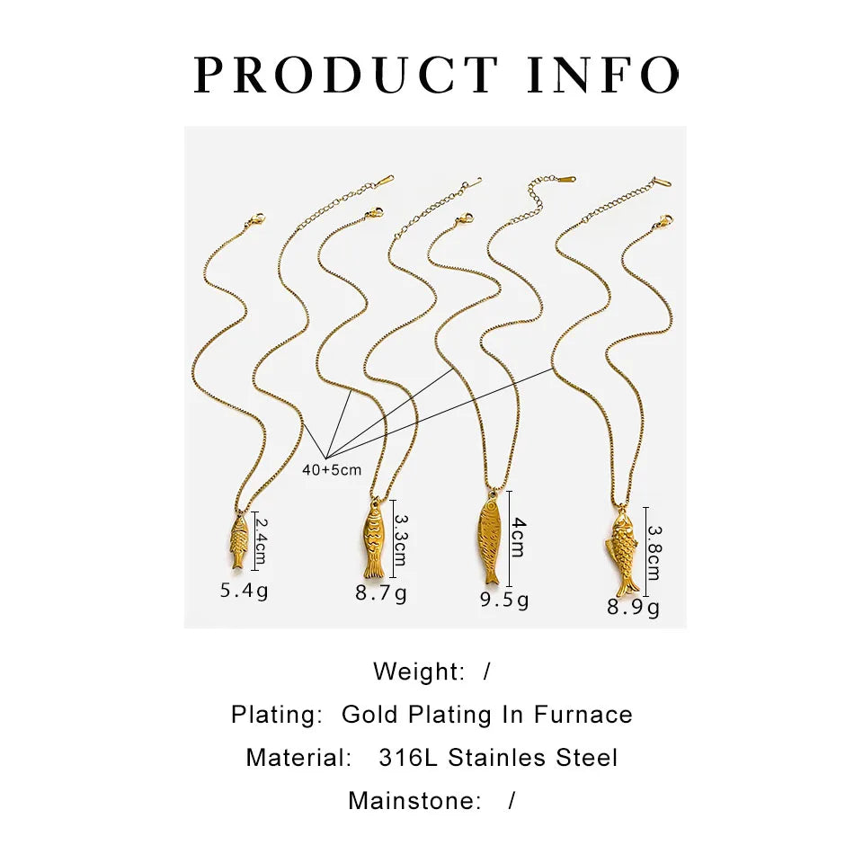 Peri'sbox Trendy 4 Designs Stainless Steel 18K Gold Plated Fish Pendant Necklace for Women Waterproof Beach Party Jewelry Summer