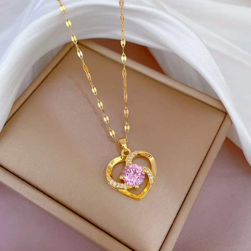 Luxury Full Zicron Shiny Heart Necklace for Women Titanium Steel Gold Color Anti-Tarnish Romantic Pendant Necklace