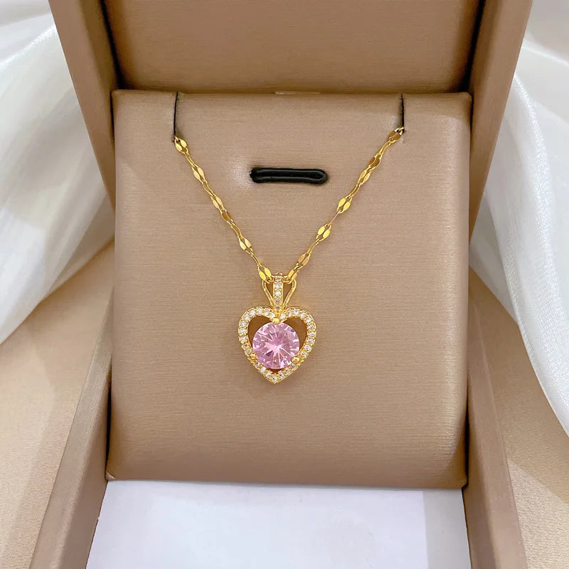 Luxury Full Zicron Shiny Heart Necklace for Women Titanium Steel Gold Color Anti-Tarnish Romantic Pendant Necklace