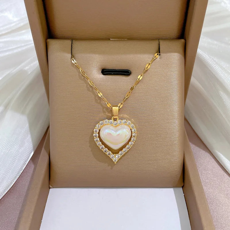 Luxury Full Zicron Shiny Heart Necklace for Women Titanium Steel Gold Color Anti-Tarnish Romantic Pendant Necklace