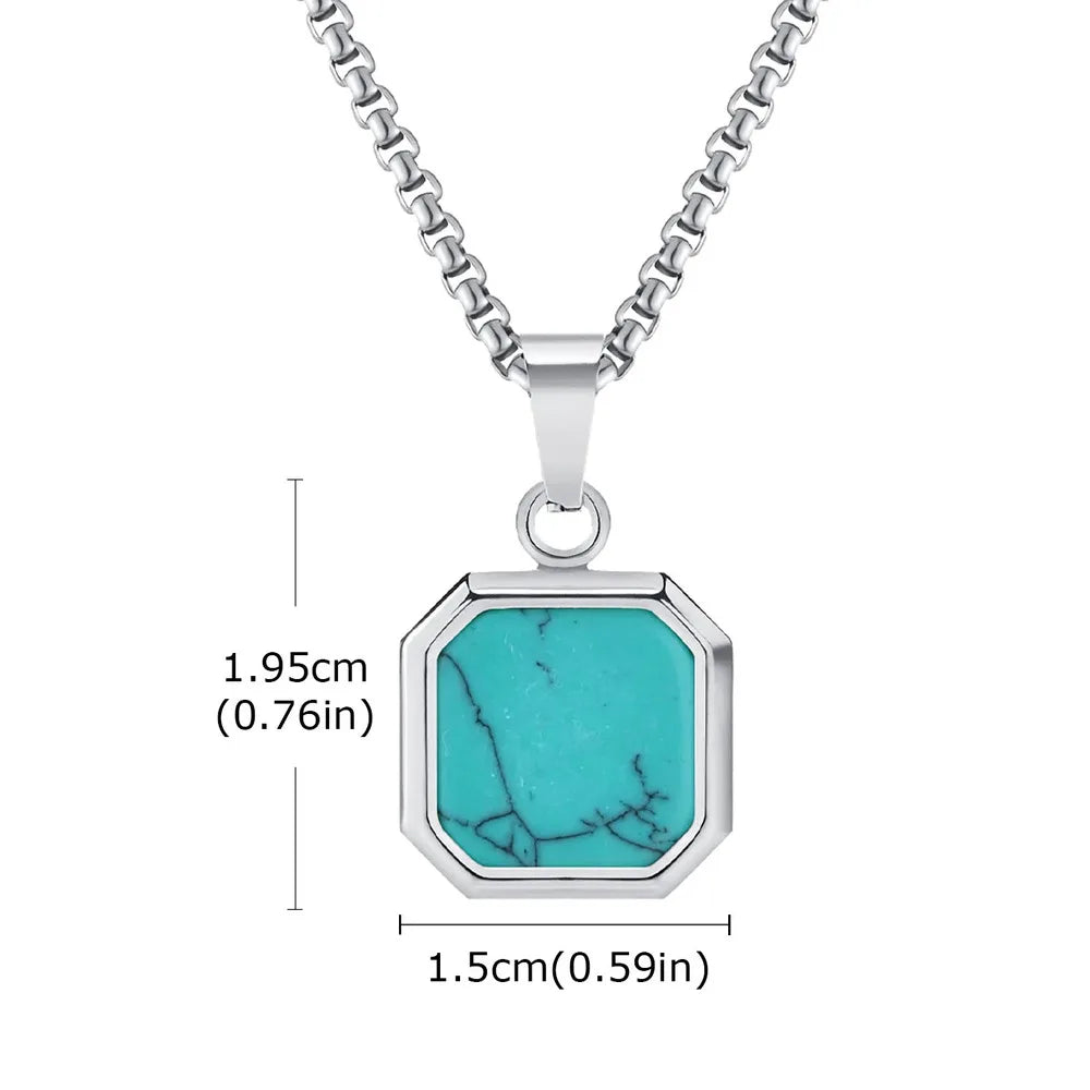 Vnox Turquoise Pendant Necklace for Men, Stainless Steel Box Chain Geometric Square Compass Natural Stone Vintage Jewelry Gift