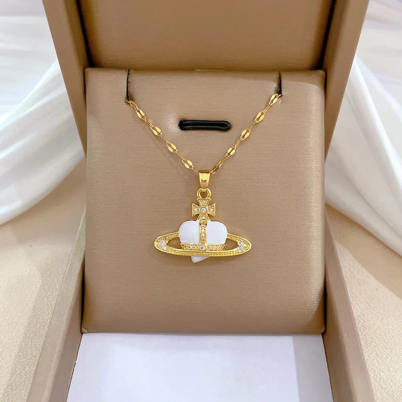 Luxury Full Zicron Shiny Heart Necklace for Women Titanium Steel Gold Color Anti-Tarnish Romantic Pendant Necklace