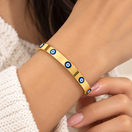 18K Gold-Plated Evil Eye 316L Stainless Steel Slim Cuff Bracelet