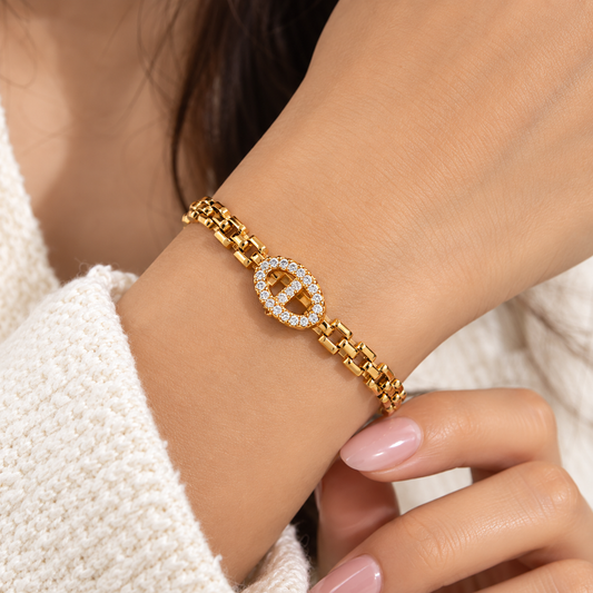 Luxury 18K Gold-Plated Oval Bracelet & Adjustable Ring Set for Women